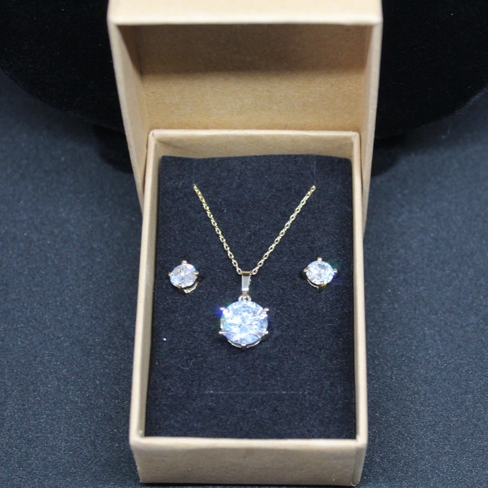 CZ Diamond Pendant and Earrings on Gold Chain